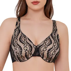 Women's Minimizer Underwire Lace Sheer Bra, Full Coverage Plus Size Unpadded Everyday Bra with Breathable 2-Ply Mesh Cups, V-Neck Plunge, Back Smoothing, Lift Support & Wide Adjustable Straps
