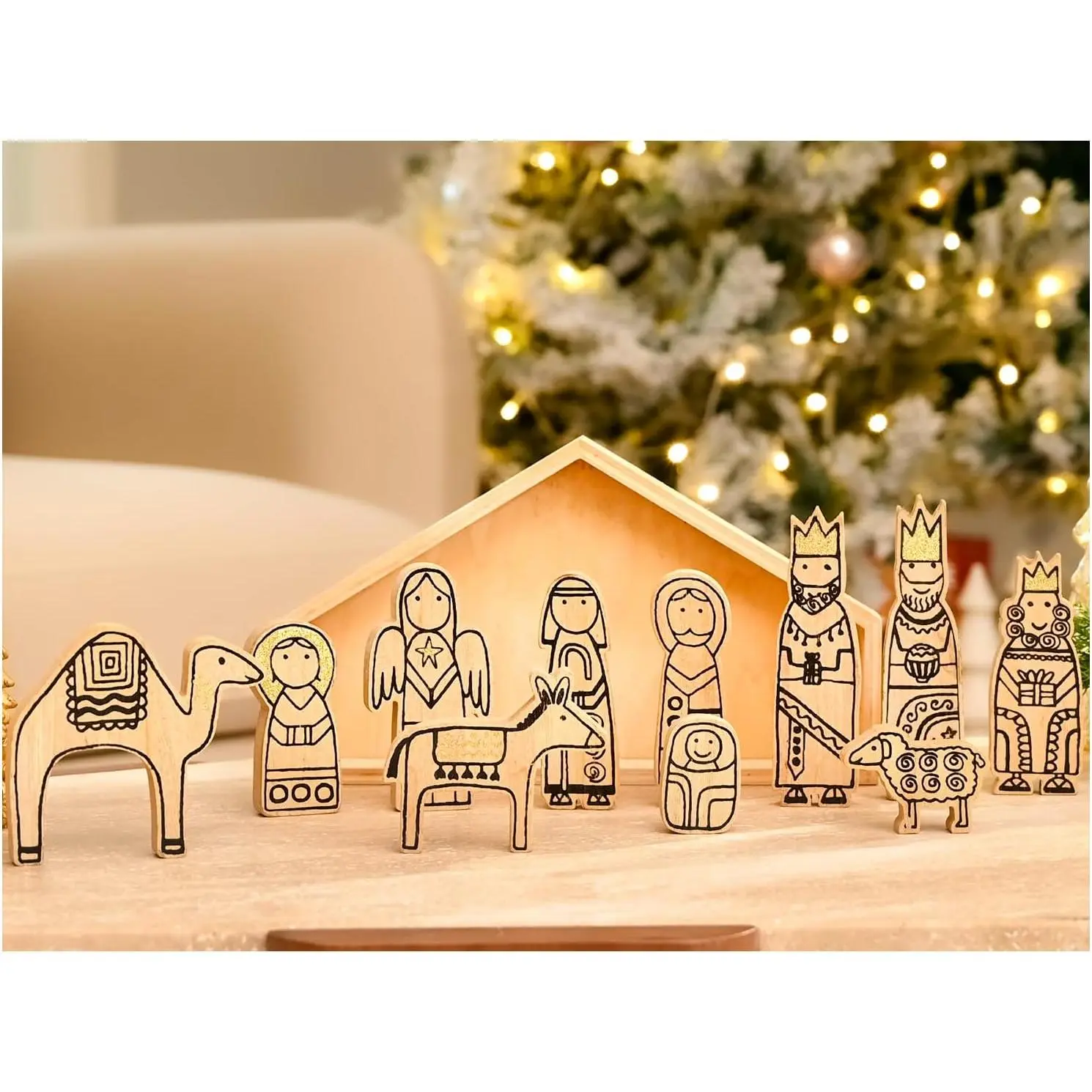 Wooden Nativity Set,12Pcs Christmas Tabletop Scene-7" Tall, Small Nativity Ornament for Christmas Decor, Paintable Wood Nativity Sets&Figures, Unique
