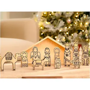 Wooden Nativity Set,12Pcs Christmas Tabletop Scene-7" Tall, Small Nativity Ornament for Christmas Decor, Paintable Wood Nativity Sets&Figures, Unique