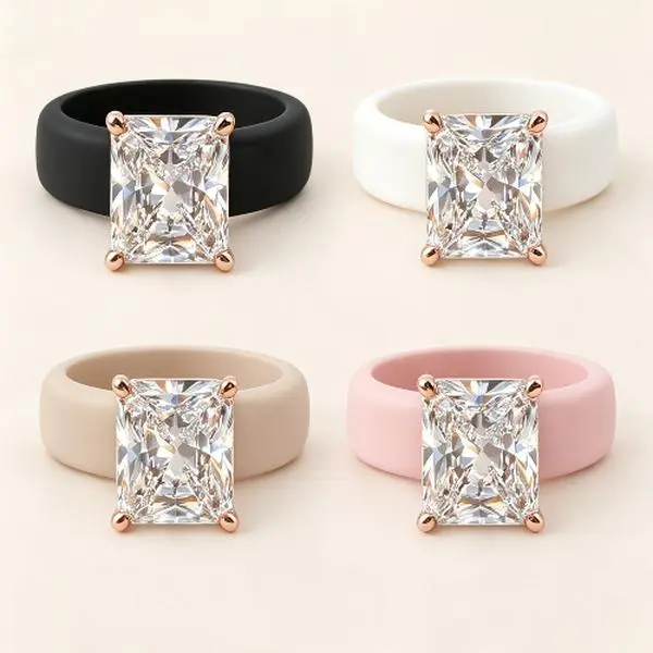 Women’s Luxury Silicone Ring with Sparkling Marquise CZ Stone, Rose Gold Prong Setting, Flexible Comfortable Wedding Band for Sports & Daily Wear