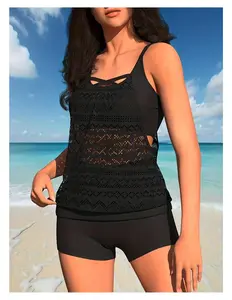 Tankini Swimsuit for Women - Flattering Lace Tank Top & High Waisted Boyshort Two Piece Swimwear - Sleeveless Swimsuits for Beach, Pool, Vacation - Modest Bathing Suit