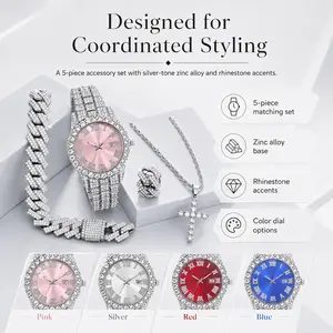 4-Piece Silver Tone Rhinestone Jewelry Set – Iced Out Watch, Cuban Link Chain, Bracelet & Cross Pendant Necklace, Hip Hop Fashion Accessories