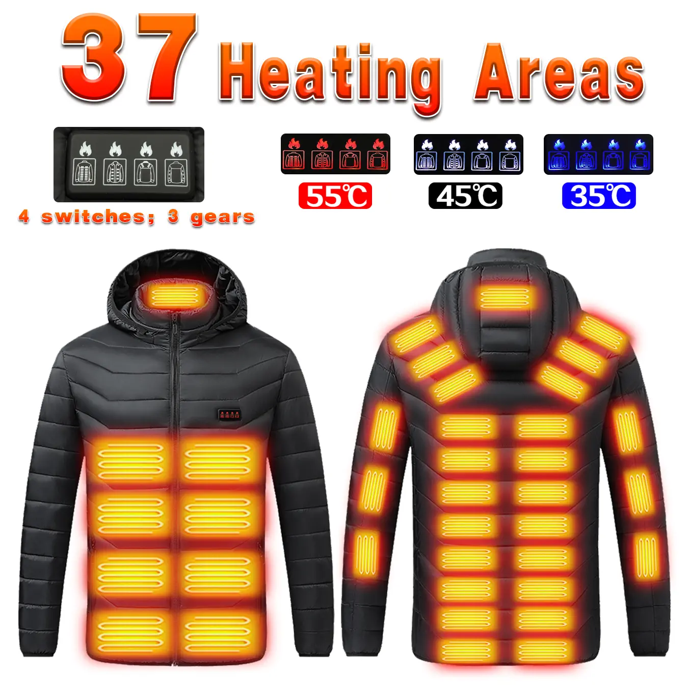 37 Zone Heated Jacket for Men Women, Full Coverage Electric Heated Winter Coat with 4 Independent Control Switches and 3 Temperature Settings, USB Powered Thermal Outerwear for Cold Weather, Skiing, Hunting, Fishing, Hiking and Camping.