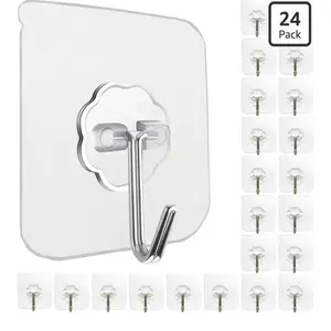 24 Pack Self Adhesive Hooks Heavy Duty - 33lb Max, Transparent, Waterproof, Sticky Wall Hooks for Keys, Bathroom, Shower, Outdoor, Kitchen, Door, Home Improvement, Utility Hooks