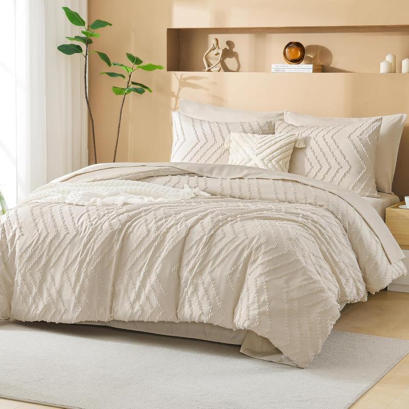 California King Comforter with Beige - 7 a Bag Cal King Cream Boho Tufted Complete Beddding Sets with Comforter,, Pillowcases  Shams