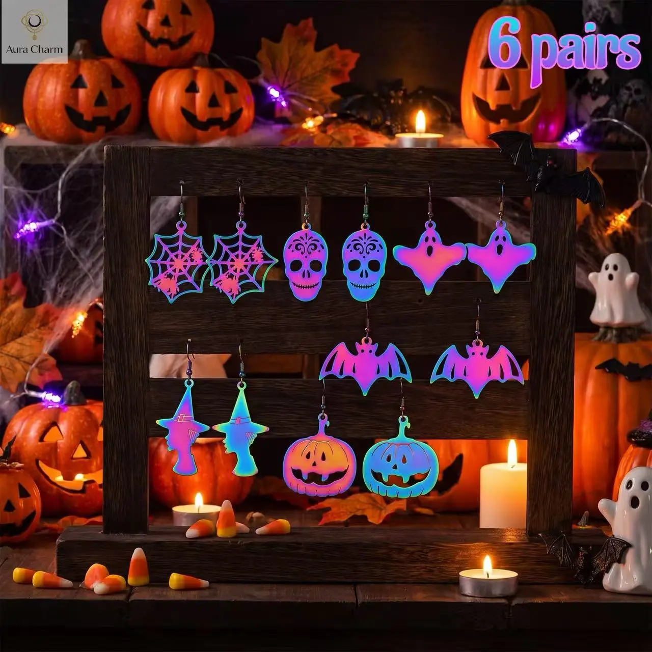 6 Pairs Laser Iridescent Halloween Earrings Set Cute Pumpkin Skull Ghost Spider Web Bat Witch Cartoon Witchy Jewelry Party Favor Sharing Pack Shareable Earrings