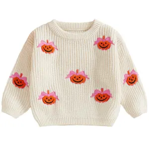 Toddler Baby Boy Girl Halloween Outfit Bow Pumpkin Embroidery Knit Sweaters Sweatshirt Warm Tops Infant Fall Winter Clothes