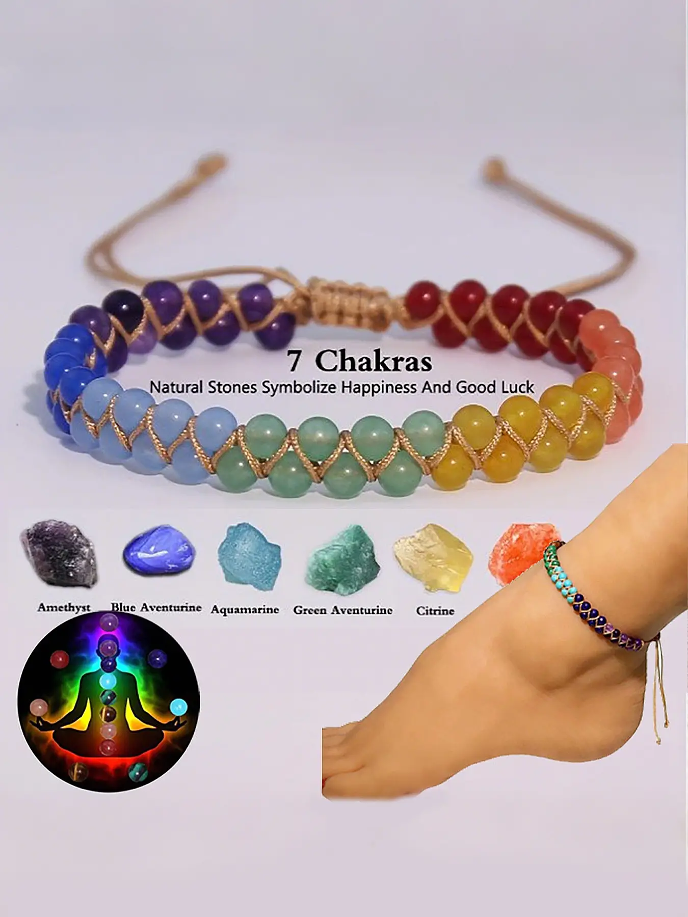 Natural Lapis Lazuli Crystal Anklet, Seven Chakra Braided Hand Rope, Symbolic Jewelry Gift for Friends, Spiritual Happiness & Good Luck