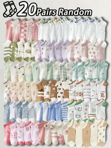 10 Pairs Random Cartoon Pattern Embossed Versatile Breathable Ankle Socks, Casual Fitted Short Socks for All Seasons