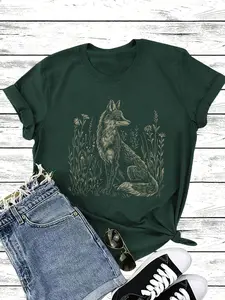 Women's Fox Print Round Neck Tee, Vintage Trendy Casual Short Sleeve T-shirt for Daily Wear, Ladies All Seasons Outfit, Top