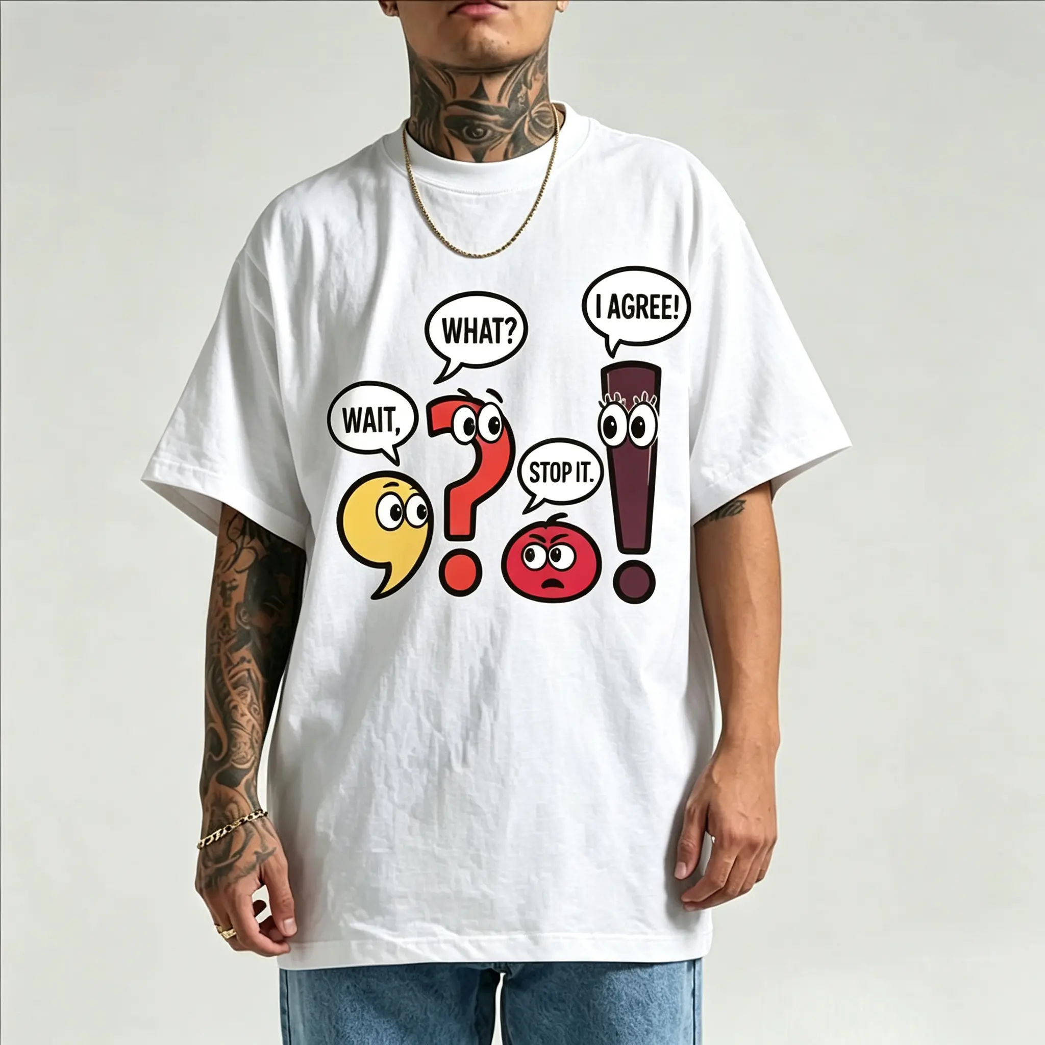 White T-Shirt with Fun Cartoon Design Featuring "Wait," "What," "Stop It," and "I Agree" Text for Casual Wear