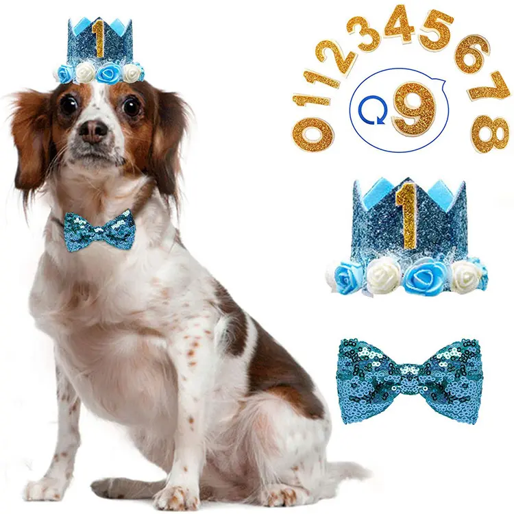 Dog Felt Birthday Crown Hat & Bow Tie Set - All Seasons Pet Party Supplies, Blue 3-Piece, Pink 3-Piece Options for Canines, Blue Three-Piece Set