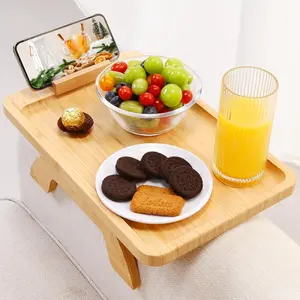 2set Bamboo Sofa & Couch Cup Holder TraySofa Arm Tray Tbale, Arm Chair Table, ServiceTable for Drinks/Phones/Snacks Family-Safe Anti-Spill Design |Clamps on Couches, Beds, Bathtubs