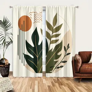 2pcs Window Curtains, Home decoration curtain, A modern botanical illustration features green leaves, an orange circle, abstract lines, and wavy brown elements on a cream background, Window Drapes for Bedroom Living Room, Rod Pocket Window Curtains