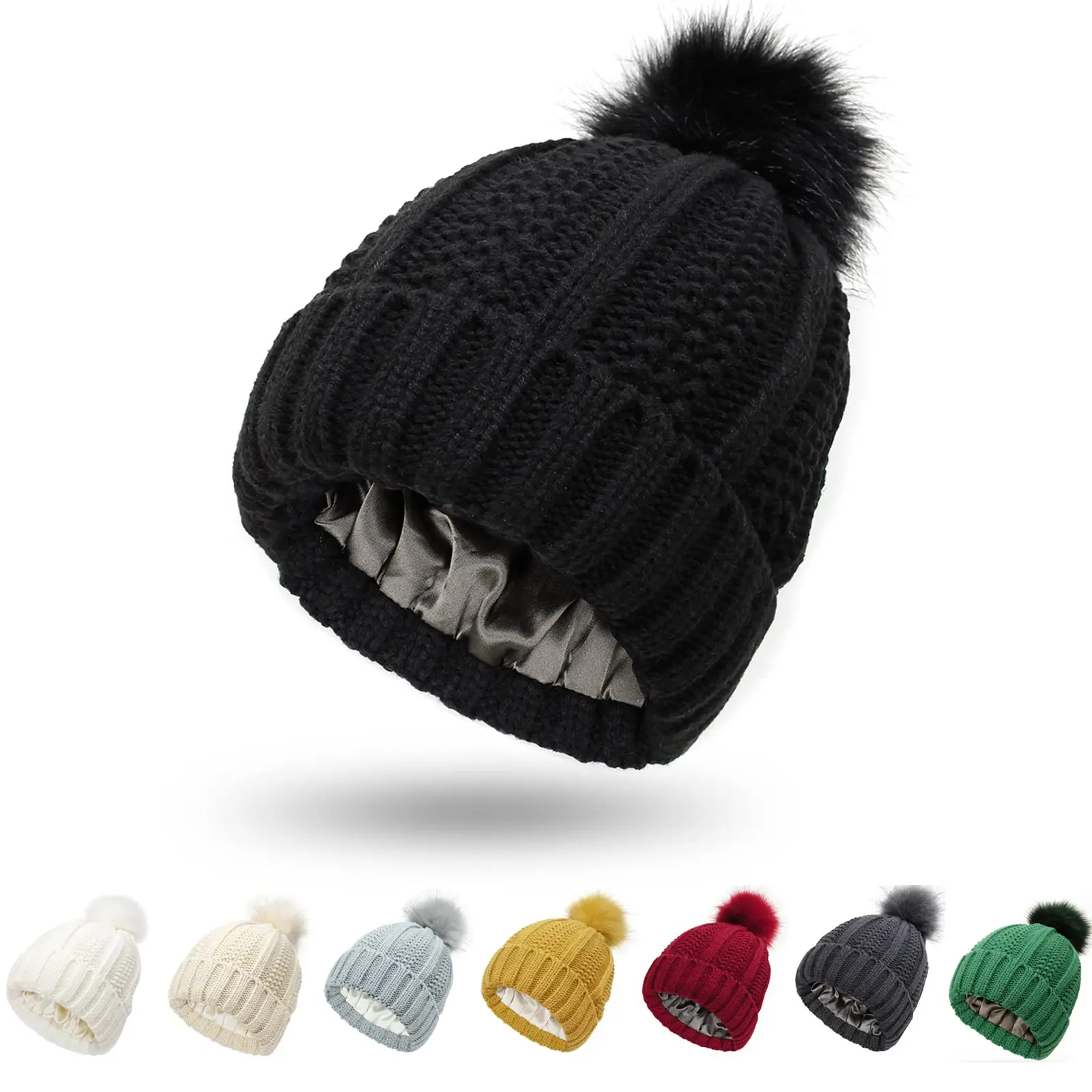 Women's Satin-Lined Cable Knit Beanie Hat - Warm, Stylish Slouchy Skull Cap with Faux Fur Pom Pom, Covers Ears, Offers Lasting Warmth & Softness for Cold Winter Skiing