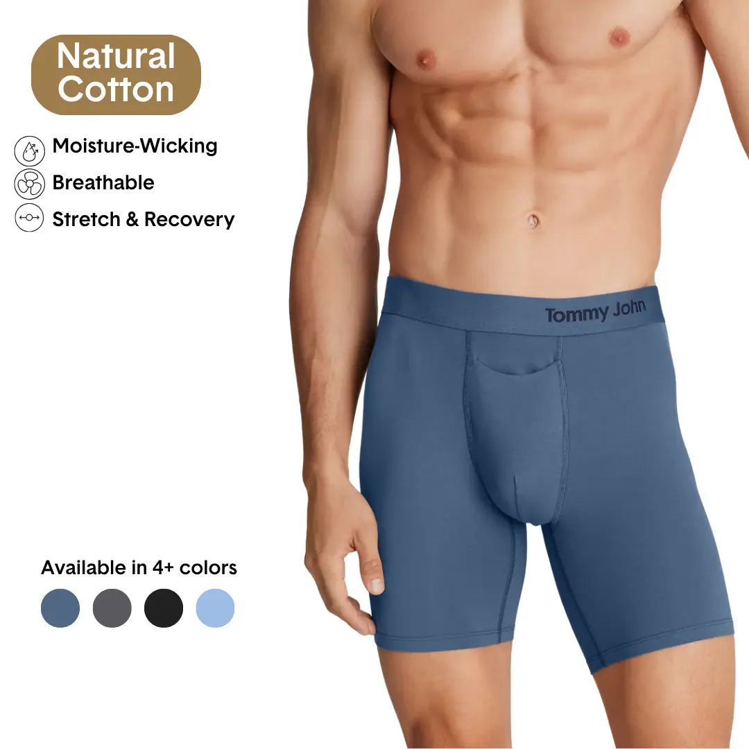 Tommy John Men’s Cotton Boxer Brief 6” | Breathable Moisture-Wicking Underwear | Contour Pouch, No Roll Waistband, Stretch Fit, Tagless Comfort Fabric Day