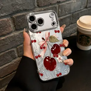Shiny Cherry Bow Phone Case Girly Fruit Ribbon Design Compatible with iPhone 17 Pro Max 16 Pro Max 15 Pro 14 13 12 11 Series Simple Color Matching