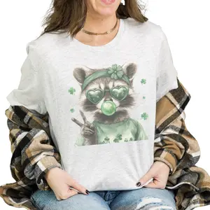 St Patrick SHIRT - St Patrick Racoon Blowing Bubble Gum Bleached SHIRT -  Comfy Unisex Jersey Shirt - Bleached Graphic Tee Design, Random Bleaching, True-to-Size Fit, 35% Cotton 65% Poly - Fabric