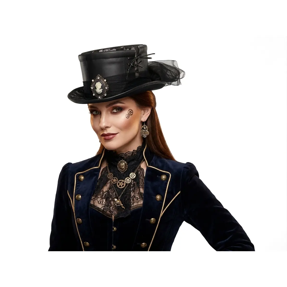 Black Steampunk Victorian Mad Hatter Scientist Time Traveler Top Hat For Halloween