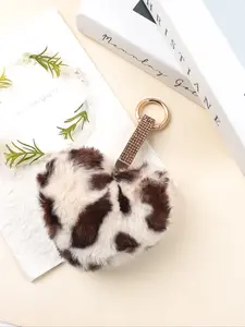 Decorative Keychain Pendant, Faux Fur With Brown Rhinestone Embellished Strap, Gold Tone Metal Key Ring & Soft Fluffy Touch, Classic Leopard Print Design With Rhinestone Wrist Strap & Fluffy Heart Charm, Boho Chic Style Accessory, Keychain Accessories