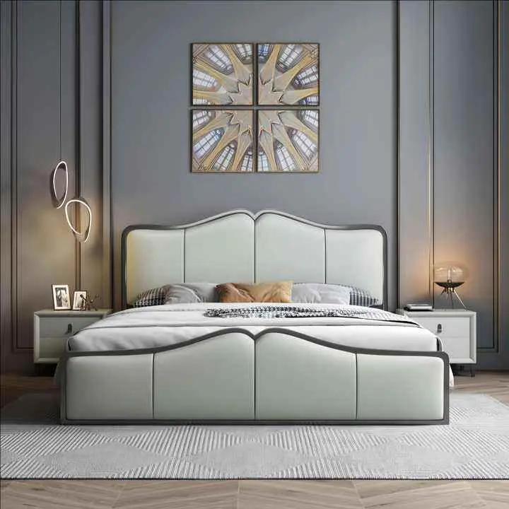 Contemporary Double Bed Frame, Elegant Upholstered Queen Bed, Sturdy Slat Support Bed for Apartment Master Bedroom