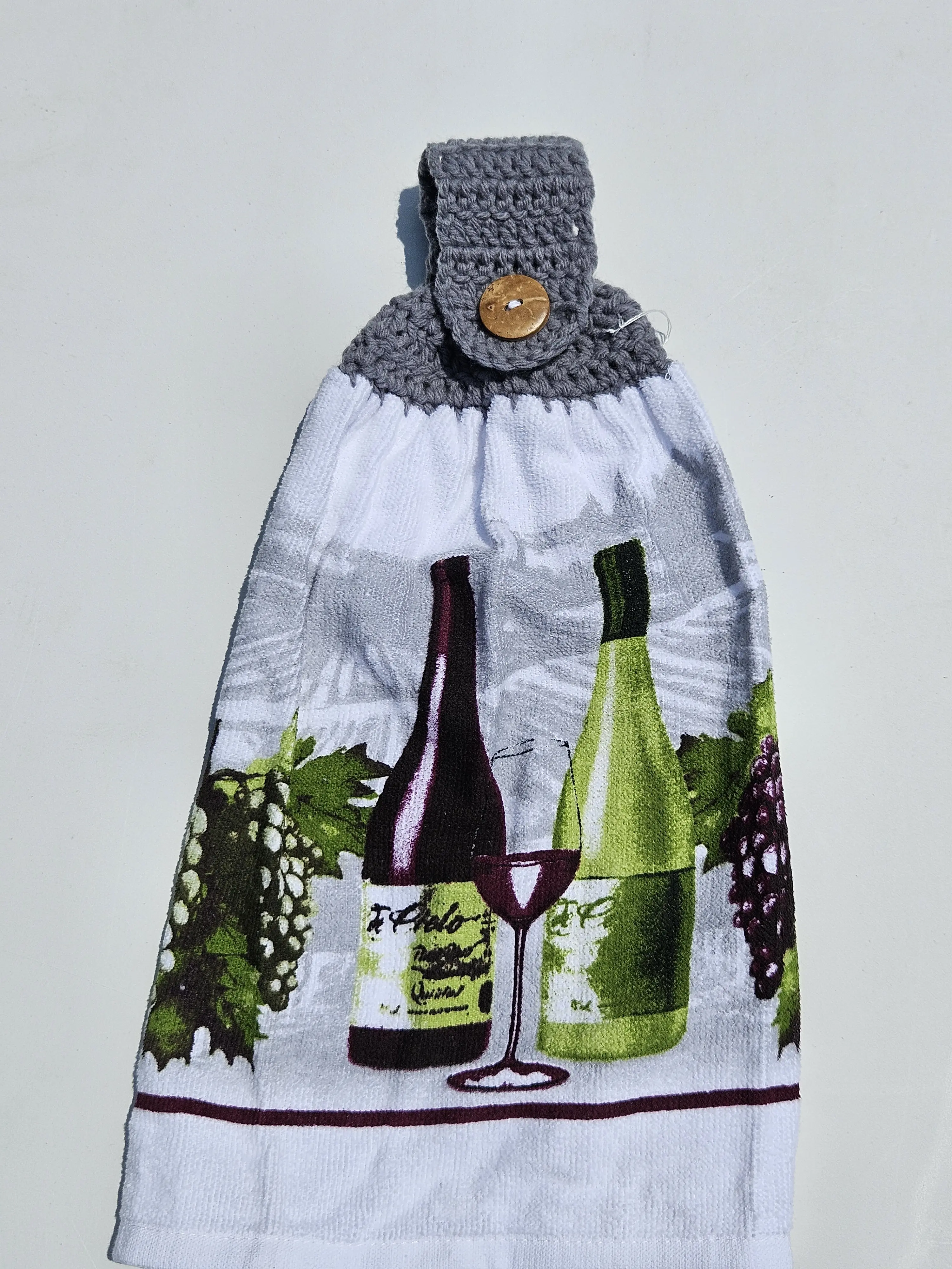 Crochet Top Kitchen Towel | Hanging Hand Towel with Coconut Button | Handmade Kitchen Décor | Wine