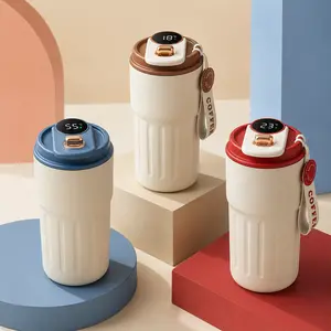 Portable Insulated Mug, Smart Temperature Display Coffee and Water Bottle with Strap, Vacuum Travel Drinkware for Gym, Car, Office and Daily Use
