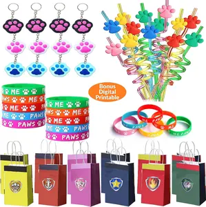 48 Pc Dog Paw Party Favors Puppy Patrol Theme Treat Bags Wristband Straws Multicolor Paw Print Keychain Birthday Party Supplies Gifts