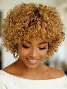 8 Inch Pixie Cut Wig with Bangs, Human Hair Blonde Short Afro Kinky Curly Wigs for Women, Stylish & Versatile Hairstyle
