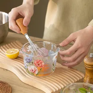 Elegant Floral Glass Measuring Cup, Kitchen Utensils, Food Grade Borosilicate Heat Resistant, Ideal for Fruit Salad, Juice, Milk, Stirring Container