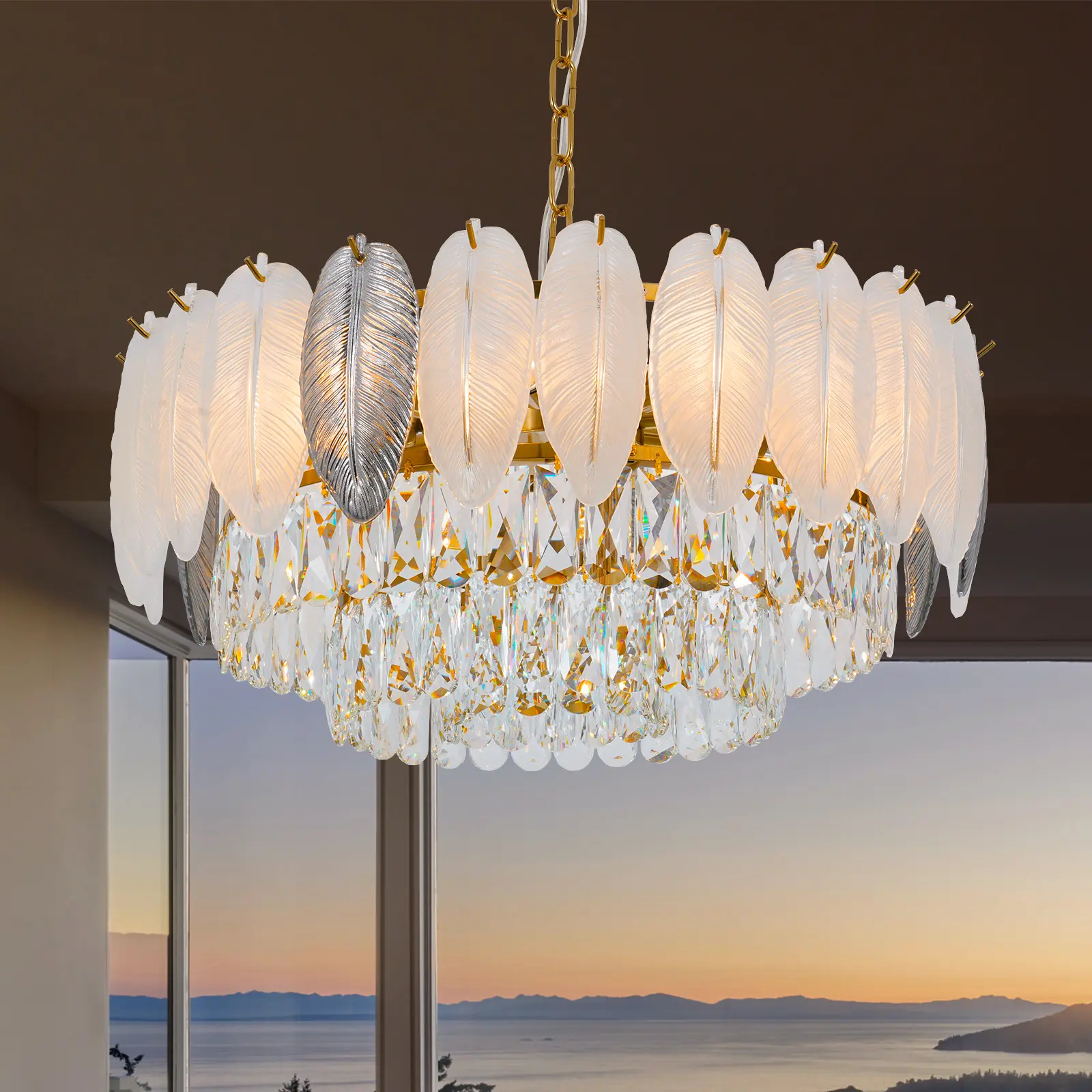 8-Light Gold Chandelier Light Fixture, 4-Tier Feather Glass Pendant Light, 24" Adjustable Hanging Ceiling Chandelier Light for Living Room Bedroom, E14 Socket chandelier