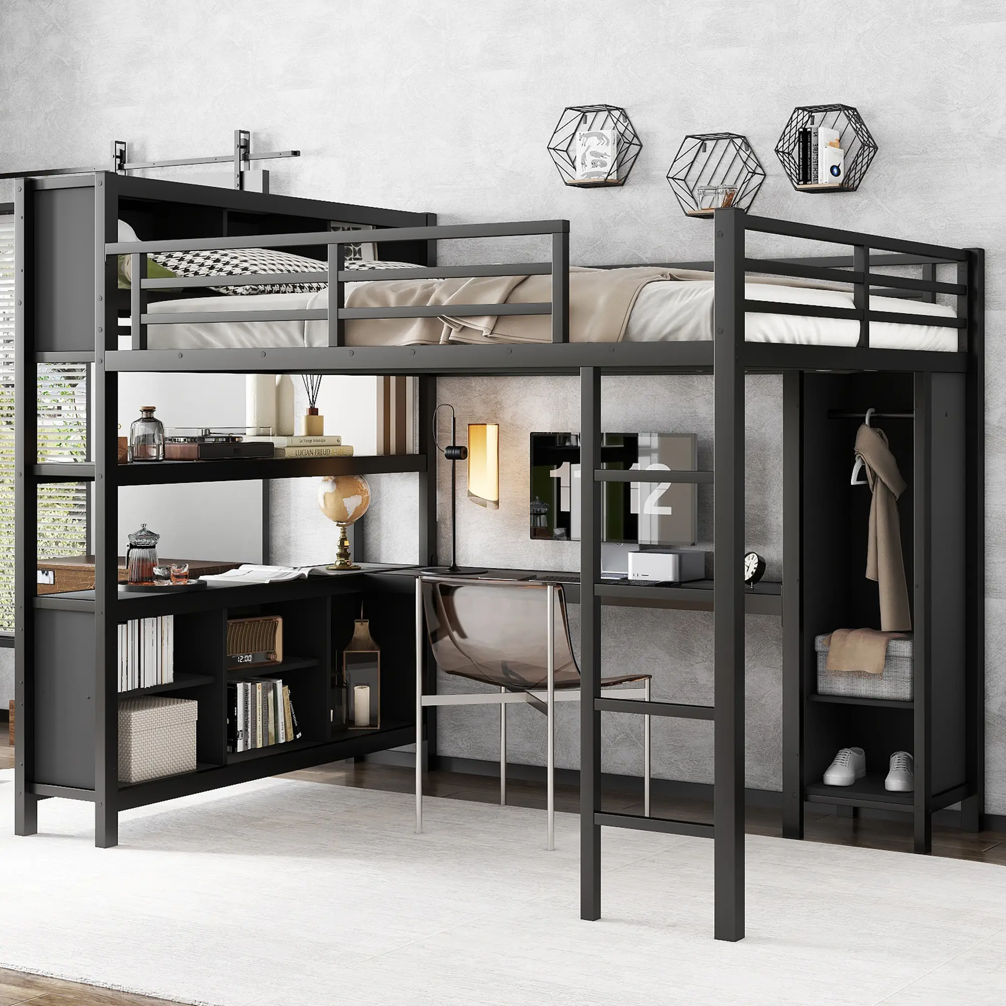 Queen Size Loft Bed with L-Shaped Desk, Wardrobe, Storage Cubes, Shelves, Full Rail, Sturdy Base - Easy Assembly, Heavy-Duty Frame, Modern Apartment Furniture, Bedroom Furniture for Teens - Metal Bunk Bed Alternative, Modern Bed Frame, Furniture For Apart
