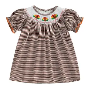 Kids Toddler Girls Thanksgiving Turkey Smocked Dress Baby Puff Short Sleeve Striped A Line Dresses Fall Outfit
