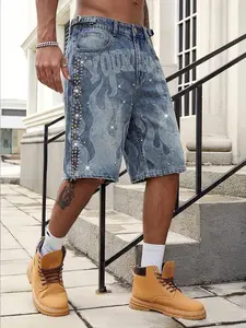Y2K Flame Rhinestone Baggy Denim Shorts, Distressed Raw Hem Graphic Prints Streetwear Jean Shorts for Men, Casual Denim Shorts, Loose-Fitting Denim Shorts