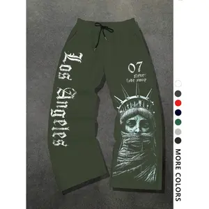 Men's Casual Loose-Fit Graphic Sweatpants, Los Angeles Goddess Pattern, Drawstring Wide Leg Pants, All-Season Men's Clothing