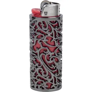 Vintage Metal Lighter Case Sleeve Cover Holder with Hollow Pattern Design for BIC Full Size Lighter Type J6