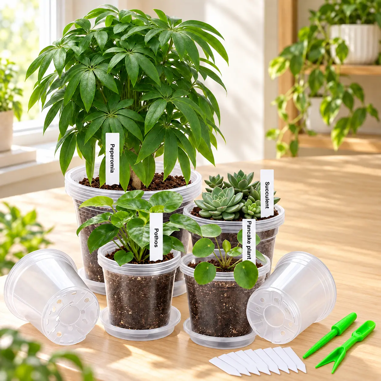 Zalovvi Clear Nursery Pots with Drainage Holes & Plant Labels, 3/4/5/6/7/10 Inch, Multiple Size Sets, Saucers Included in Select Sets Only