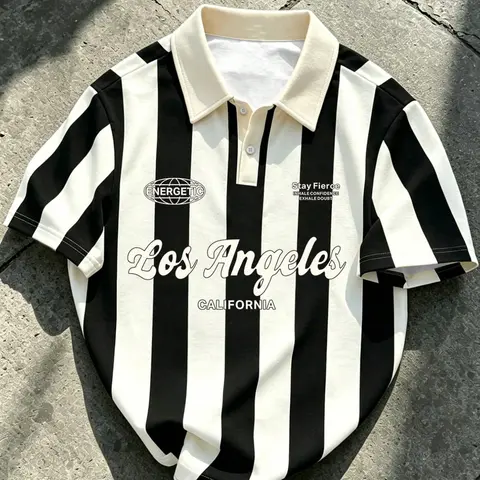 Men's Summer Striped Color Block Casual Polo Shirt, American Retro Street Style Printed Buttoned Top for Daily Wear