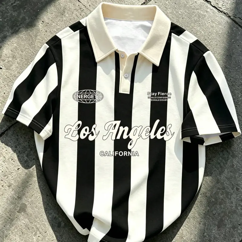 Men's Summer Striped Color Block Casual Polo Shirt, American Retro Street Style Printed Buttoned Top for Daily Wear