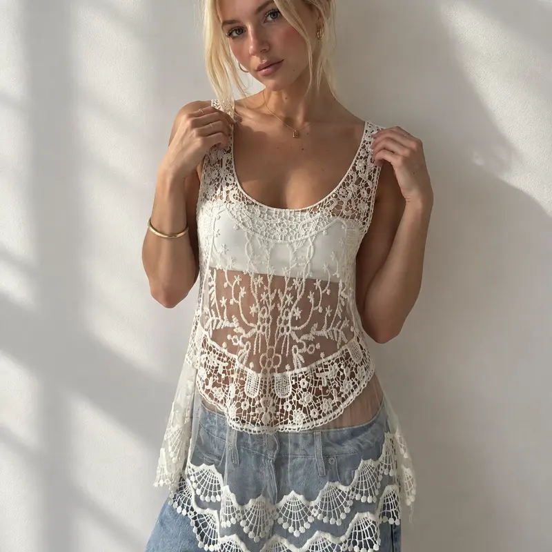 Women's Bohemian Beach Statement Mini Dress - Lightweight Lace, Sheer Sleeveless Scoop Neck, Floral Pattern, Crochet Details, Scalloped Hem for Concerts, Layering Over Jeans or Shorts