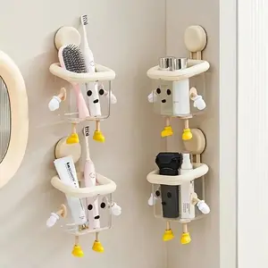 Multifunctional Storage Rack, Cute Wall-Mounted Bathroom Toothbrush Holder, No Drilling Required, Suction Cup Design, High-End Transparent Container