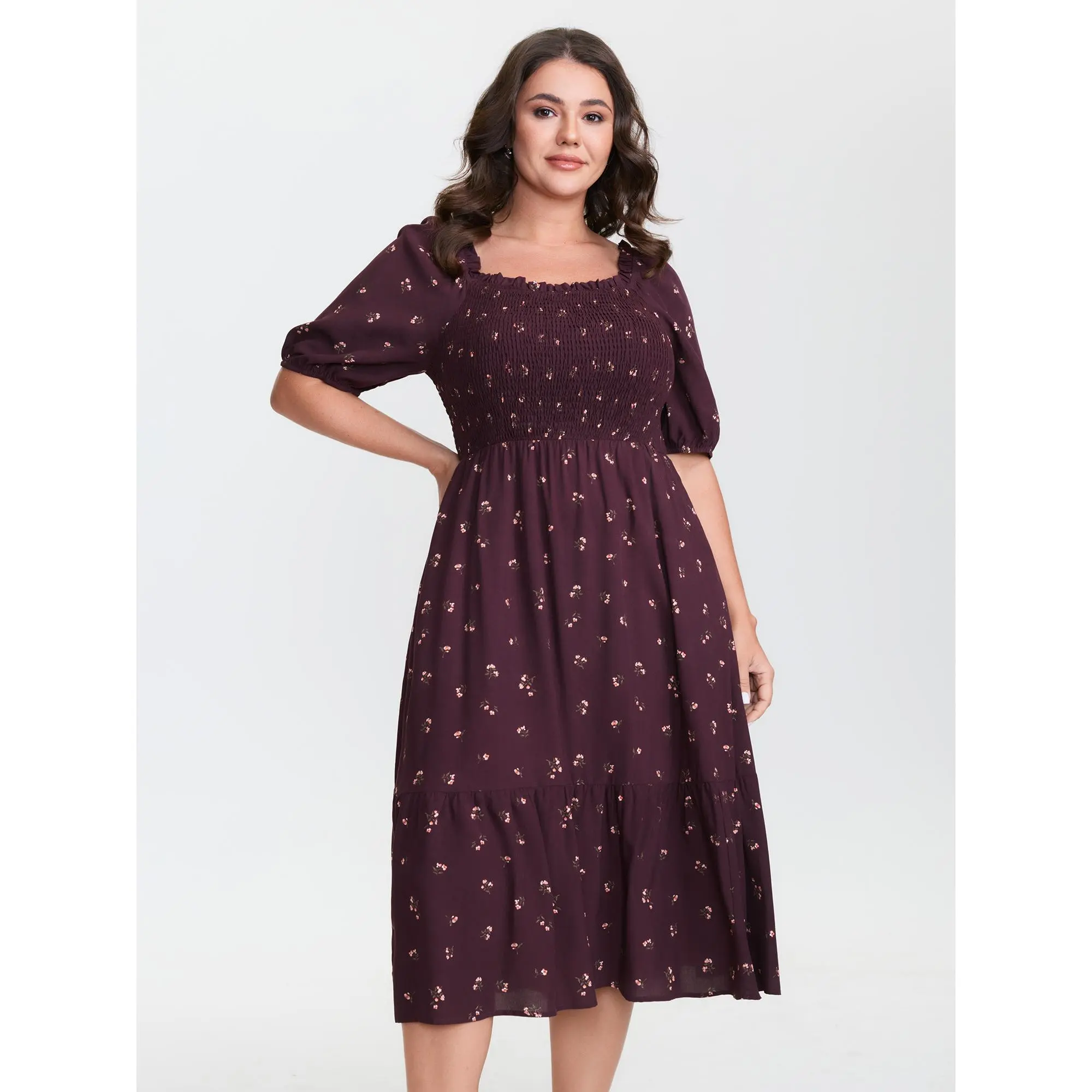 BloomChic Plus Size Casual Summer Dress, Burgundy Ditsy Floral Rayon Midi with Pockets, Square Neck, Lantern Sleeve, Smocked Bodice, Pull-On Close, Fabric