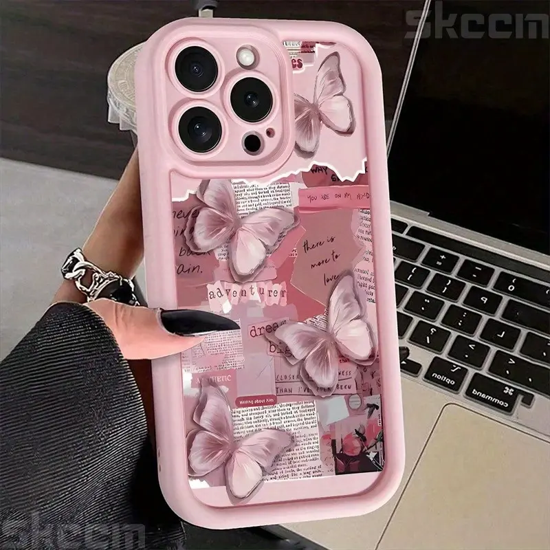 Soft Silicone Pink Butterfly Flower Cellphone Case - Shockproof Handheld Device Accessory with Protective Edge, Full Camera Protection, Anti-Yellowing, Durable Slim Design for iPhone 17 Air,16,15,14 Pro Max,13,12,11,XR,XS Plus