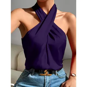 Women's Solid-Color Halter Tops - Stylish Crisscross Off-Shoulder Textured Slim-Fit Sleeveless Vest, Versatile for Daily Life, Parties, Dates