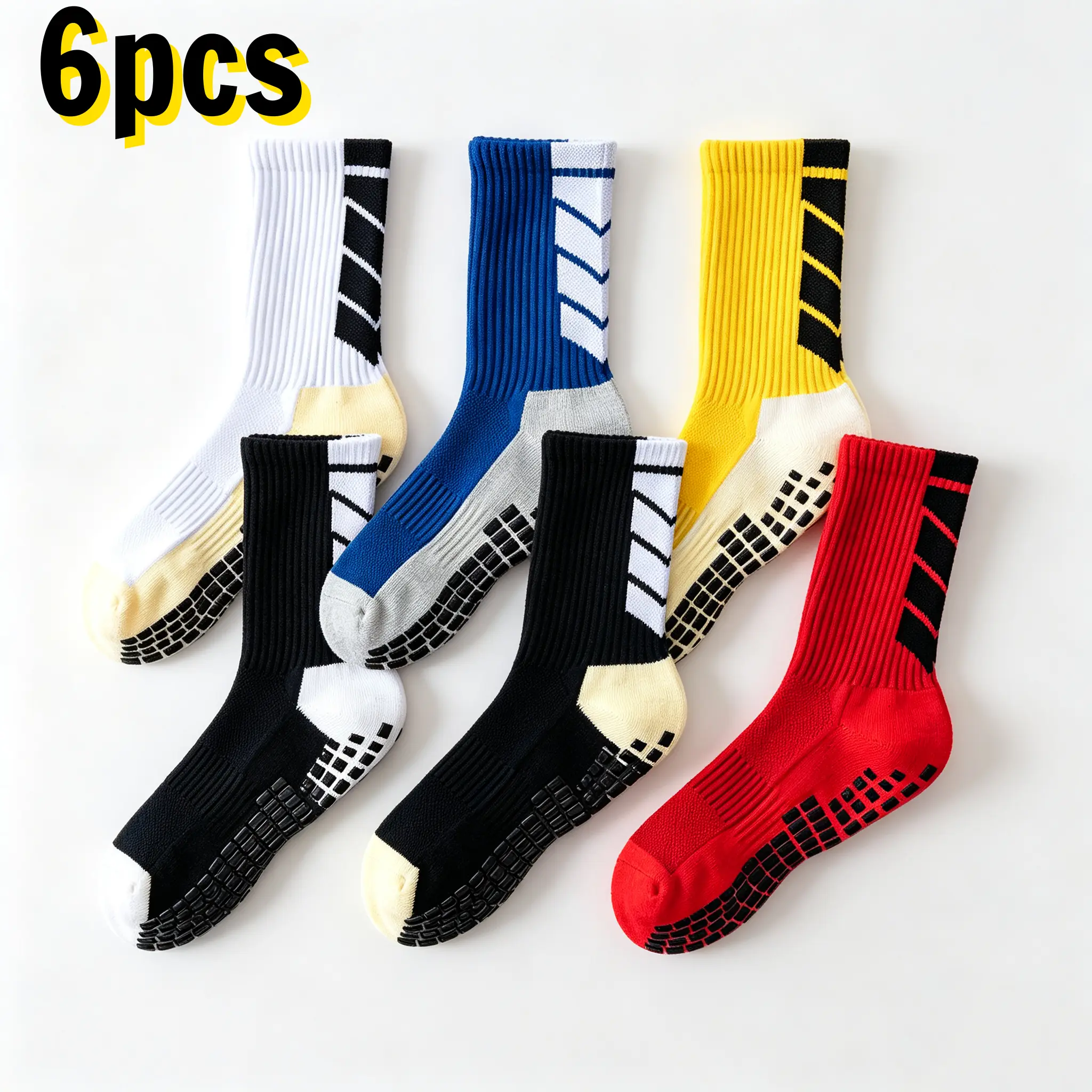 6pcs Men's Cushioned Terry Bottom Soccer Socks, Anti Odor Non Slip Silicone Grip, Sweat Wicking Quick Dry Thin Athletic Crew Socks for Football Running Sports