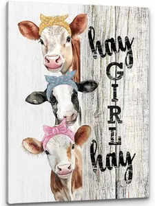 Hay Girl Hay Cow Wall Art, Rustic Vintage Country Animal Cows Farm Print Framed Canvas Painting Artwork For Home Farmhouse Bedroom Living Room Girls Room Office Decor SHJY-02196