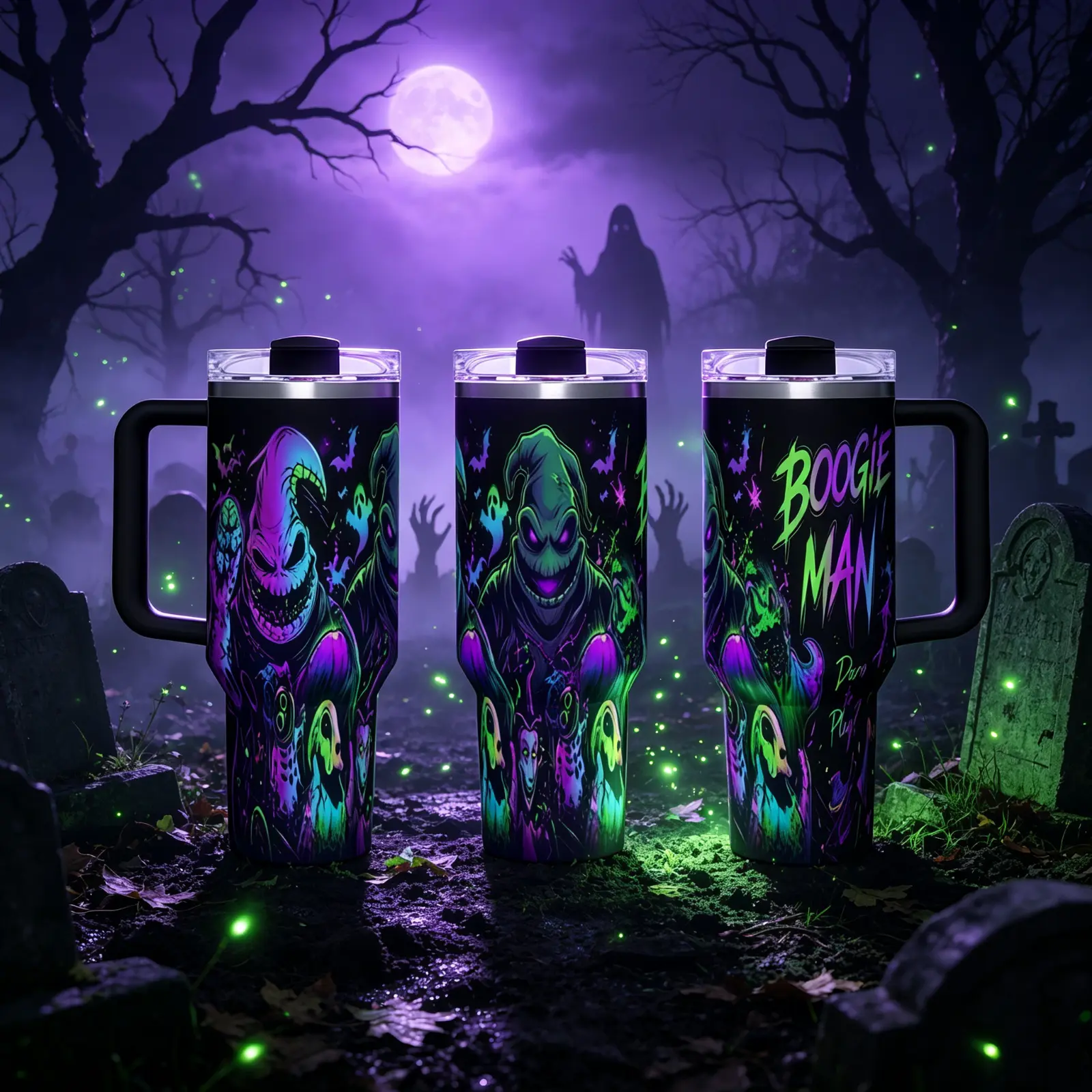 Halloween Gambling Bogeyman 40oz Tumbler with Handle, Neon Gothic Oogie Boogie Stainless Steel Travel Cup, Halloween Movie Gift for Fans