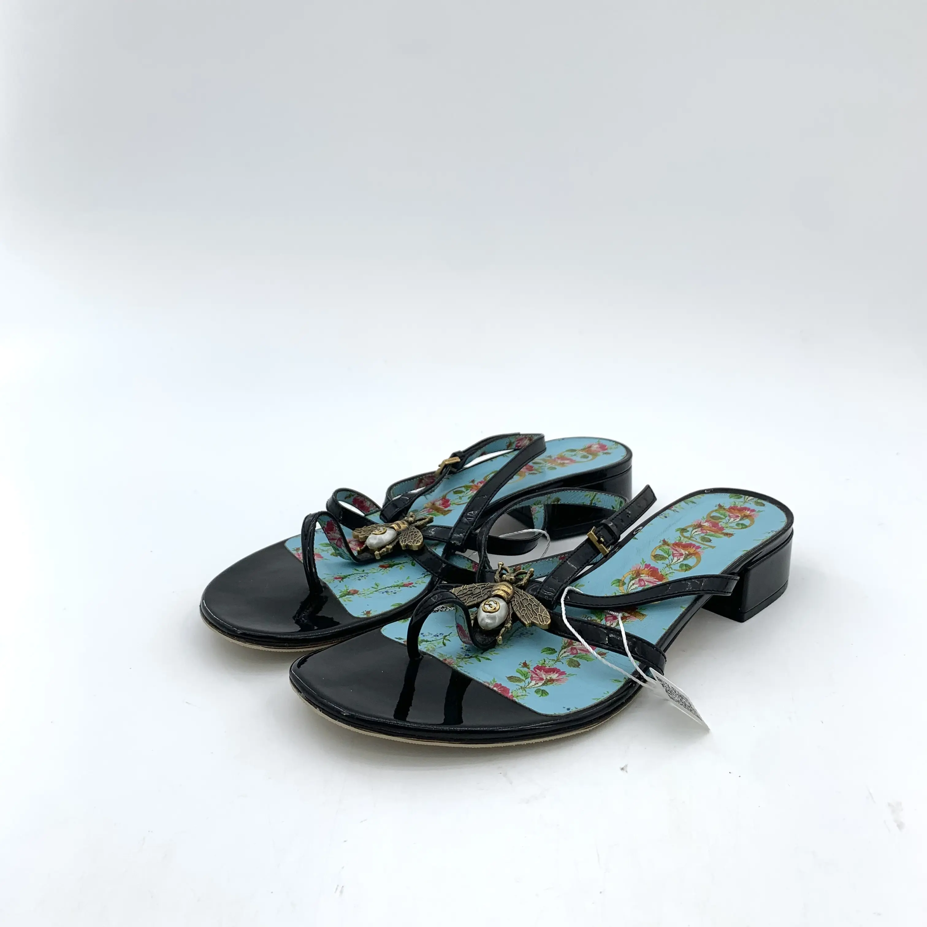CALUXS-RDLTS- Gucci Black Bee Embellished Toe-Loop Block Heel Sandals Size US 6.5