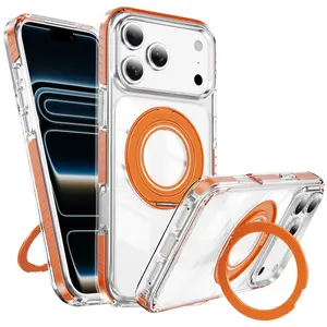 Clear Acrylic TPU Shockproof Phone Case For iPhone 12 13 14 15 16 17 Pro Plus Pro Max, Magnetic Wireless Charging Cover With Metal Rotatable Ring Kickstand, Anti-Yellow Transparent Tough Bumper Protective Slim Durable Phone Shell