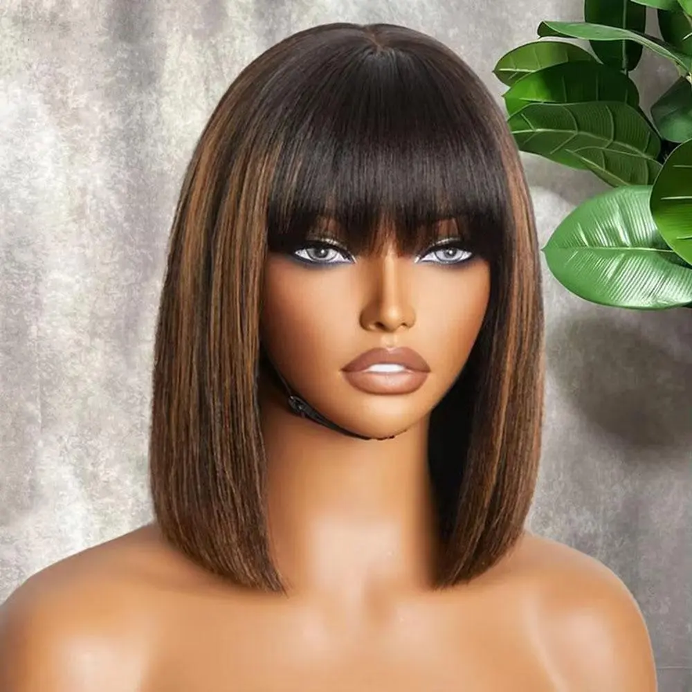 180 Density Highlight Yaki Straight Bob Cut Wig with Bangs, Fashion Wig, Gorgeous Fluffy Wigs for Women, Heatless Styling Tools for Party, Daily Use
